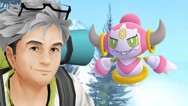 Hoopa Wallpapers with a trainer standing in front of snowy mountains and trees, HD Desktop Wallpaper