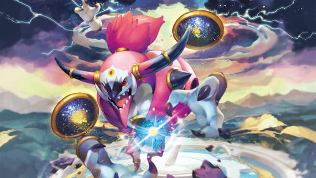 Hoopa unleashes energy power with floating rings in a stormy sky, HD Desktop Wallpaper