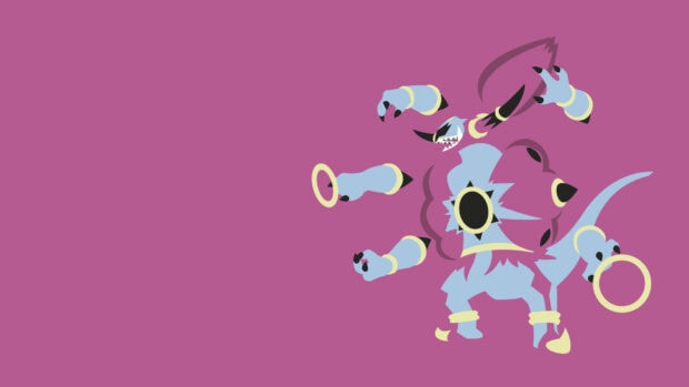 Hoopa appears with multiple arms and rings on a purple background, HD Desktop Wallpaper