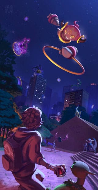 A trainer and Hoopa summon powerful rings under the stars at night in the city, 2K Phone Wallpaper