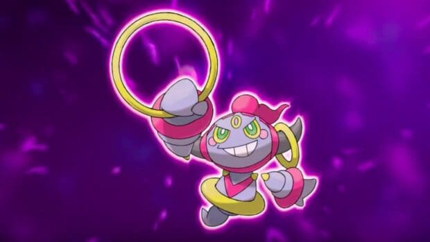Hoopa is shown holding glowing golden rings surrounded by purple energy, HD PC Wallpaper