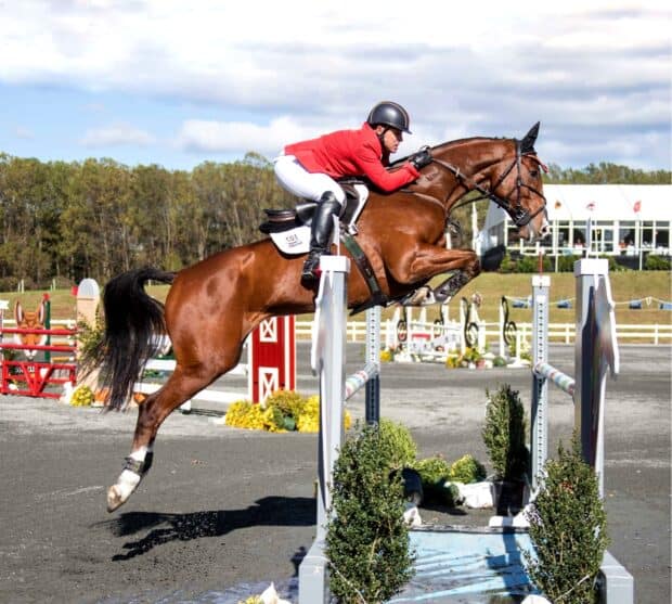 A rider in red jacket jumps over an obstacle during an eventing competition, HD Desktop Wallpaper