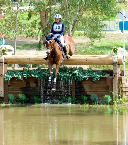 A rider on a horse is jumping over a water obstacle during an eventing competition, HD Desktop Wallpaper