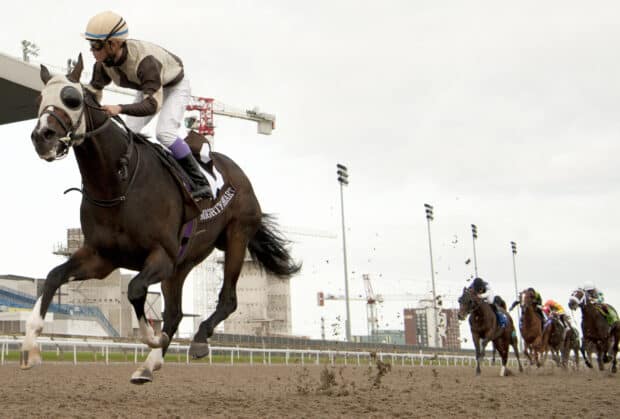A jockey rides a galloping horse during a horse racing event on a dirt track, HD Desktop Wallpaper