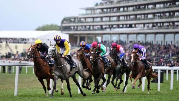 Jockeys riding horses closely during a horse racing event, HD Desktop Wallpaper