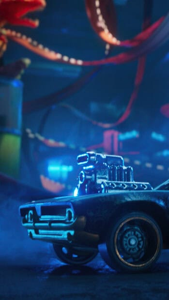 A Hot Wheels car is illuminated under neon lights on a dark surface, 4K Phone Wallpaper