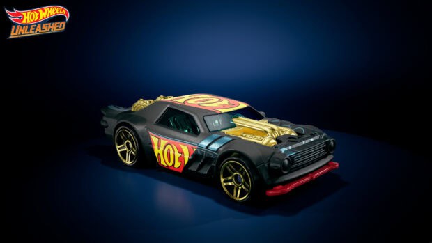 A detailed Hot Wheels car model with gold engine pipes on a dark surface, 4K Desktop Wallpaper