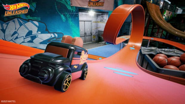 A Hot Wheels car races on an orange track loop with graffiti on the walls in the background, 4K Desktop Wallpaper