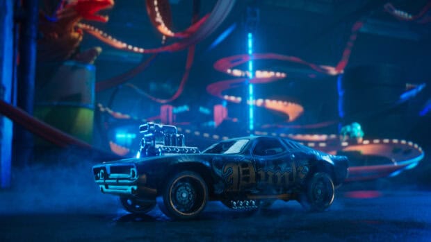 A Hot Wheels car with a neon lit track in the background during a nighttime setting, 4K Desktop Wallpaper