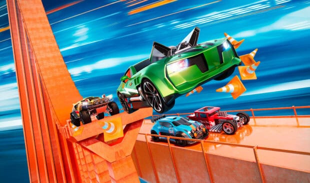Several Hot Wheels cars are speeding down an orange race track under a bright blue sky, HD Desktop Wallpaper