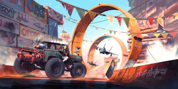A thrilling Hot Wheels racing scene with a monster truck and fighter jets near giant orange loops, 4K Desktop Wallpaper