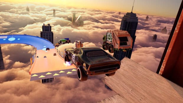 A Hot Wheels race track with cars flying above the clouds over a city skyline, HD Desktop Wallpaper