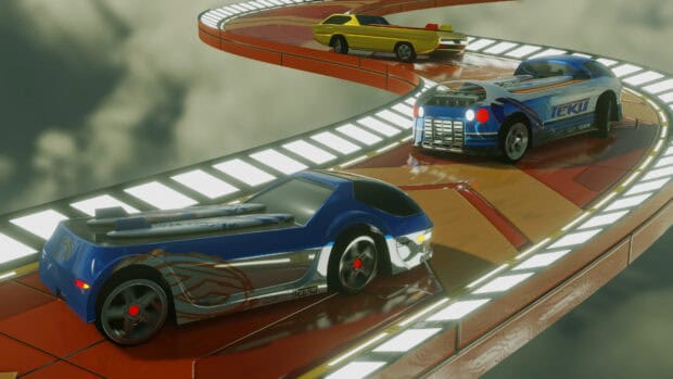 Two Hot Wheels cars are racing on an elevated orange track with glowing edges, 4K Desktop Wallpaper