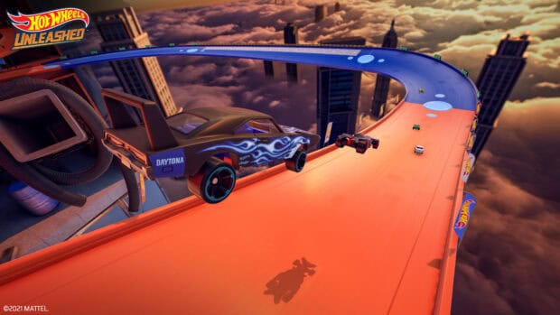 A Hot Wheels car races on a high track above a city with dark clouds in the background, 4K Desktop Wallpaper