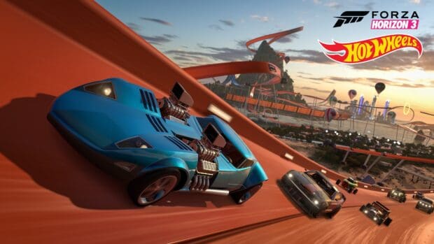 A fast blue car races on an orange Hot Wheels track under a cloudy sky, 4K Desktop Wallpaper