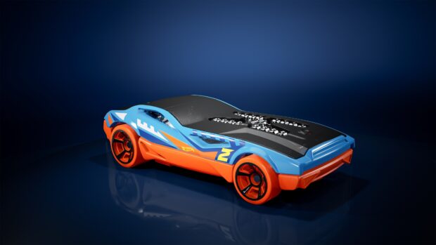 A sleek Hot Wheels racing car with blue and orange colors on a dark surface, 4K Desktop Wallpaper