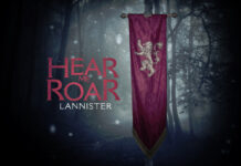 The House Lannister banner stands in a dark forest with the words Hear Me Roar, HD Desktop Wallpaper