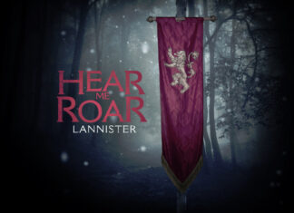 The House Lannister banner stands in a dark forest with the words Hear Me Roar, HD Desktop Wallpaper