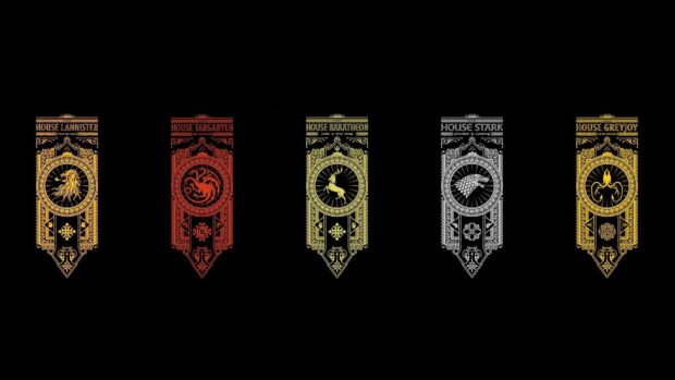 The image shows House Lannister banners alongside other famous houses from the same series, House Lannister Wallpapers, HD Desktop Wallpaper
