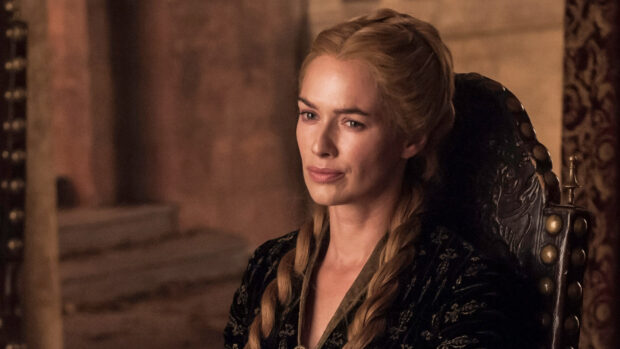 A portrait of a House Lannister character sitting on a chair with a serious expression, HD Desktop Wallpaper