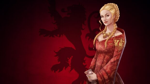 A confident woman stands in front of a red background with the House Lannister lion emblem, 2K Desktop Wallpaper