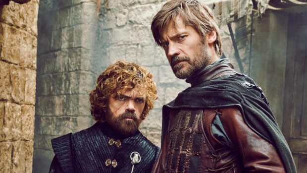 Two men from House Lannister stand in a stone corridor with serious expressions, 4K Desktop Wallpaper