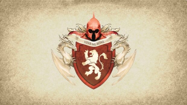 The House Lannister lion crest with dragons and a helmet is displayed, HD Desktop Wallpaper