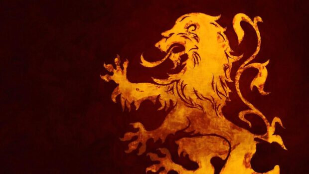 The House Lannister lion emblem stands boldly against a dark red background, HD Desktop Wallpaper