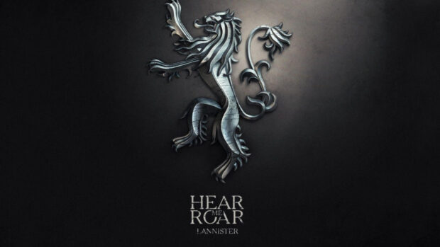 The House Lannister lion emblem is shown on a dark background with a roaring motto, HD Desktop Wallpaper