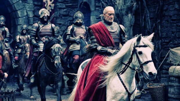 A nobleman from House Lannister leads guards on horseback in medieval armor, HD Desktop Wallpaper