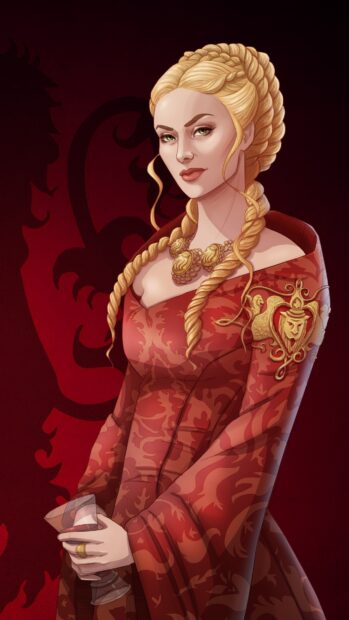 A woman in a red dress with House Lannister emblem holds a glass confidently, 4K Phone Wallpaper