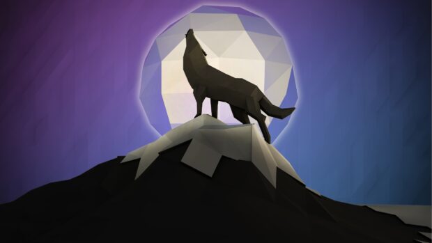 A faceted wolf stands howling on a mountain with a bright moon behind, 2K Desktop Wallpaper