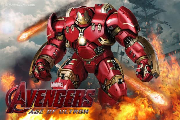 Hulkbuster wallpapers showing a powerful suit in a fiery battle scene, HD Desktop Wallpaper