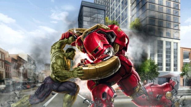 Hulkbuster and Hulk are engaged in a fierce fight in the city, 2K Desktop Wallpaper