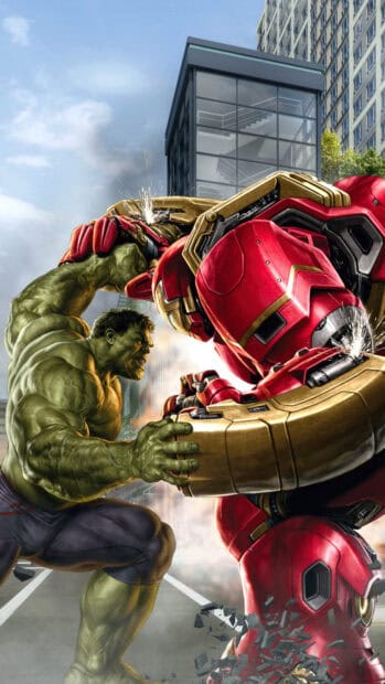 Hulk fiercely battles Hulkbuster suit in a city street fight, 4K Mobile Wallpaper