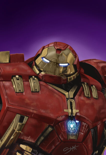 The Hulkbuster armor is depicted with glowing eyes and chest piece, 2K Mobile Wallpaper
