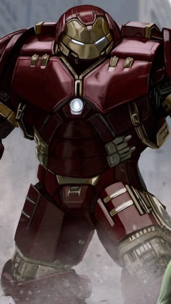 The Hulkbuster armor stands ready for battle with glowing eyes and chest light, 4K Phone Wallpaper