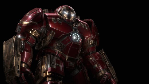 The Hulkbuster armor stands tall with glowing eyes and chest reactor, 4K Desktop Wallpaper