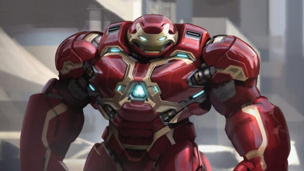The Hulkbuster armor stands powerful with glowing lights in an urban setting, 4K Desktop Wallpaper
