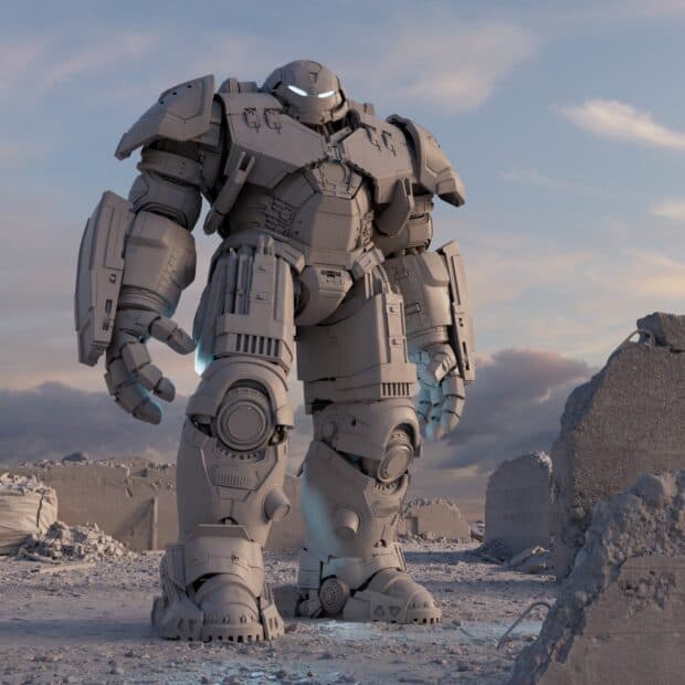 The Hulkbuster stands tall among destroyed buildings at sunset, HD Desktop Wallpaper