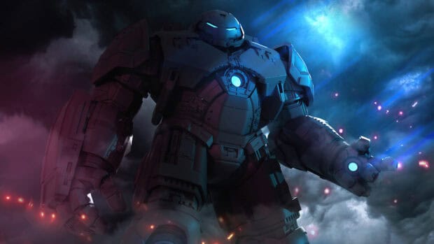 The Hulkbuster stands ready in space with glowing blue lights, 4K Desktop Wallpaper