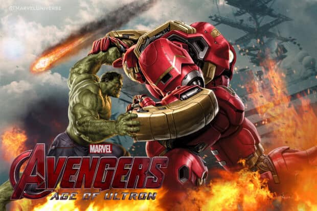 The Hulkbuster mech clashes with Hulk in a fierce fight amidst chaos and fire, HD Desktop Wallpaper