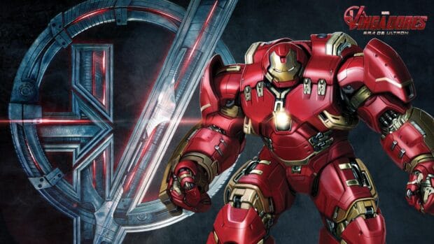 Hulkbuster stands ready in front of the Avengers logo in this action scene, HD Desktop Wallpaper
