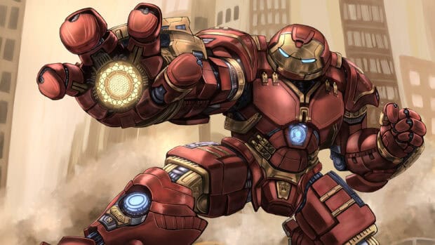 A powerful Hulkbuster mech is seen in an action pose with buildings in the background, 2K Desktop Wallpaper