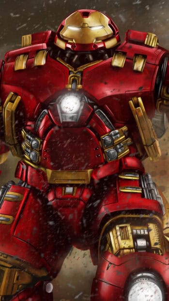 The Hulkbuster mech is standing strong in a stormy environment with dust flying around, 4K Phone Wallpaper