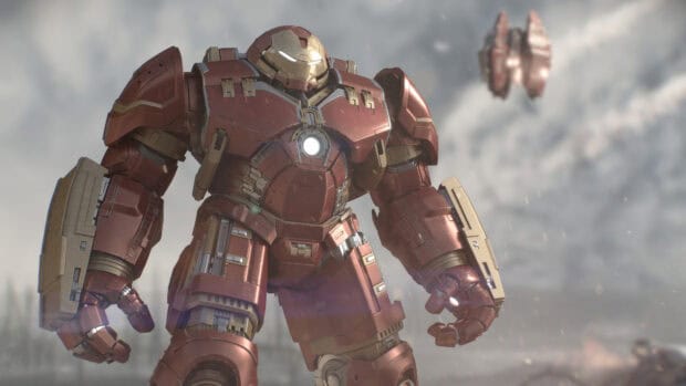 A detailed Hulkbuster in a combat ready stance under a cloudy sky, 4K Desktop Wallpaper