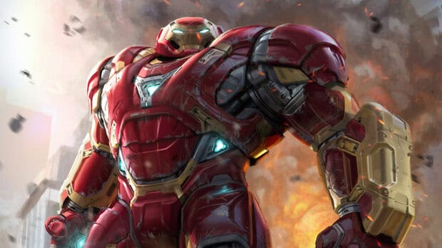 The Hulkbuster power armor stands in a fiery scene ready for battle, 4K Desktop Wallpaper