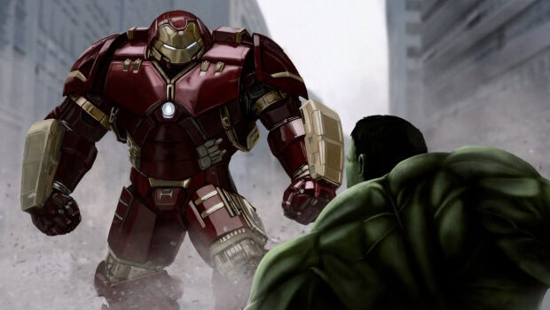 A powerful Hulkbuster suit confronts Hulk in a city setting, 4K Desktop Wallpaper