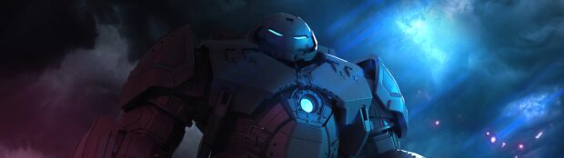 The Hulkbuster is standing under a glowing blue sky in space with cosmic clouds, 4K Desktop Wallpaper