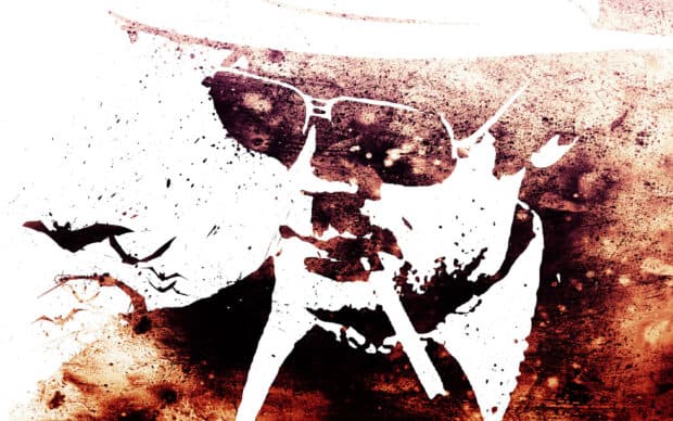 A detailed artistic silhouette of Hunter S Thompson wearing sunglasses with a dynamic splatter effect, HD Desktop Wallpaper